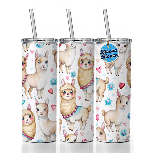 Cute Llamas Hearts Watercolor Skinny Tumbler 20oz with Straw Insulated Water Bottle Gift
