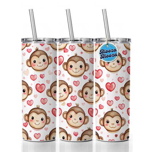 Cute Monkey Faces Hearts Watercolor Skinny Tumbler 20oz with Straw Insulated Water Bottle Gift