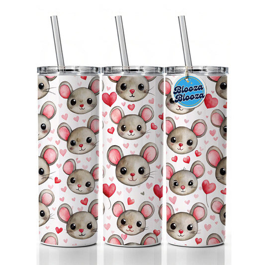 Cute Mouse Faces Hearts Watercolor Skinny Tumbler 20oz with Straw Insulated Water Bottle Gift
