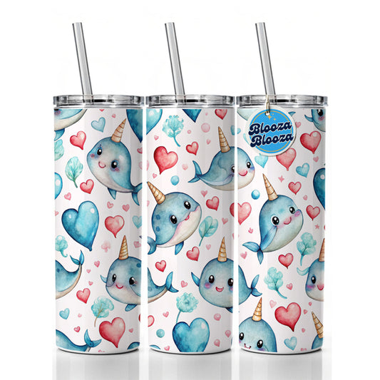 Cute Narwhals Hearts Watercolor Skinny Tumbler 20oz with Straw Insulated Water Bottle Gift