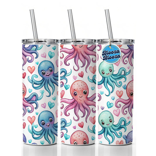 Cute Octopus Hearts Watercolor Skinny Tumbler 20oz with Straw Insulated Water Bottle Gift