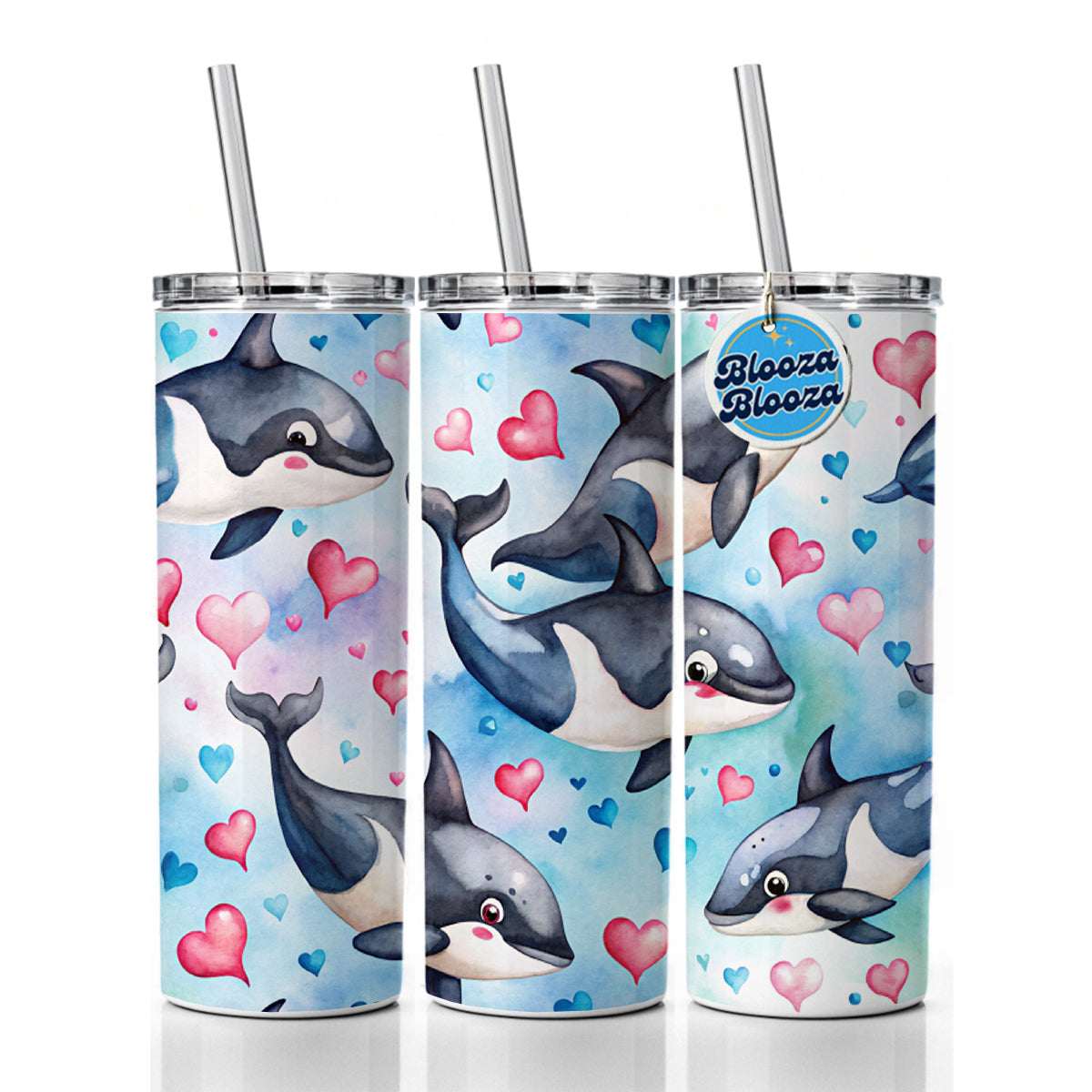 Cute Orcas Whales Hearts Watercolor Skinny Tumbler 20oz with Straw Insulated Water Bottle Gift