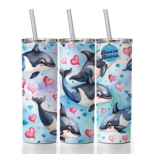 Cute Orcas Whales Hearts Watercolor Skinny Tumbler 20oz with Straw Insulated Water Bottle Gift