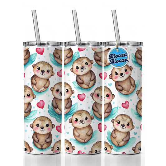 Cute Otters Hearts Watercolor Skinny Tumbler 20oz with Straw Insulated Water Bottle Gift