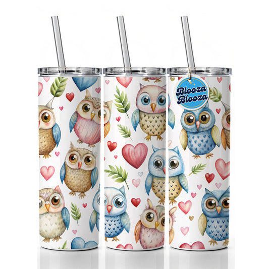 Cute Owls Hearts Watercolor Skinny Tumbler 20oz with Straw Insulated Water Bottle Gift