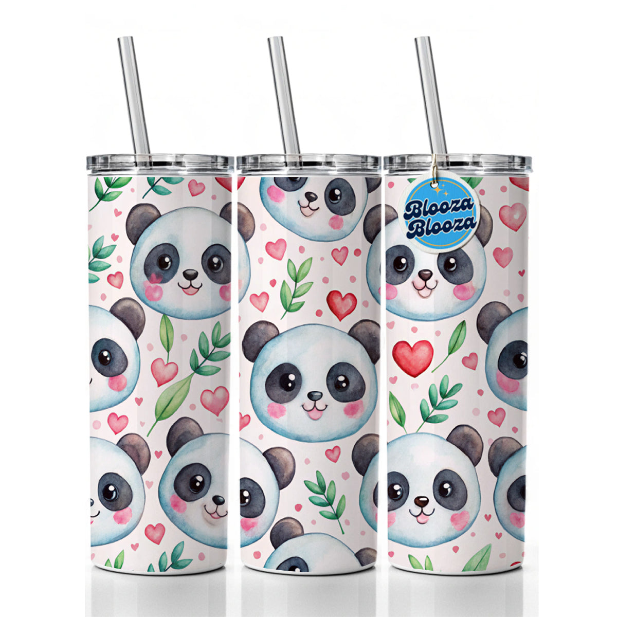 Cute Panda Faces Hearts Watercolor Skinny Tumbler 20oz with Straw Insulated Water Bottle Gift