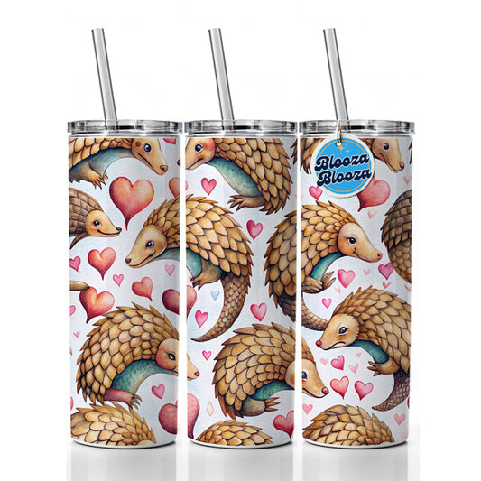 Cute Pangolin Hearts Watercolor Skinny Tumbler 20oz with Straw Insulated Water Bottle Gift
