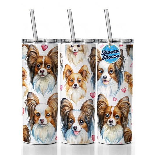 Cute Papillion Dog Faces Hearts Skinny Tumbler 20oz with Straw Insulated Water Bottle Gift