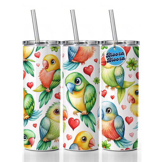 Cute Parrots Hearts Watercolor Skinny Tumbler 20oz with Straw Insulated Water Bottle Gift