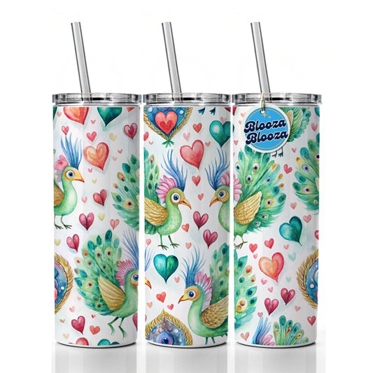 Cute Peacocks Hearts Watercolor Skinny Tumbler 20oz with Straw Insulated Water Bottle Gift
