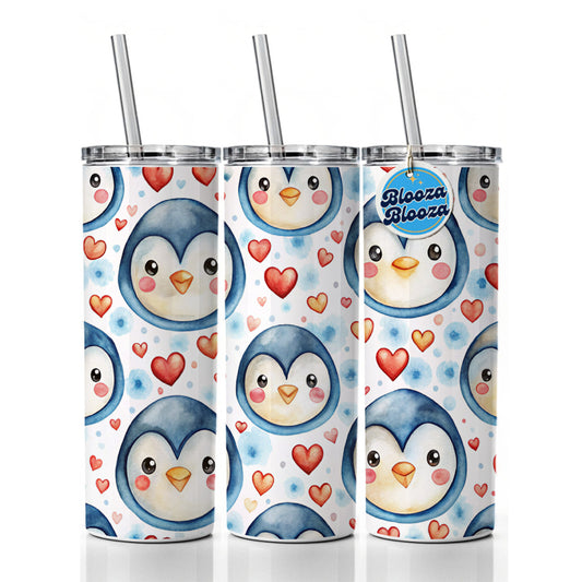 Cute Penguin Faces Hearts Watercolor Skinny Tumbler 20oz with Straw Insulated Water Bottle Gift