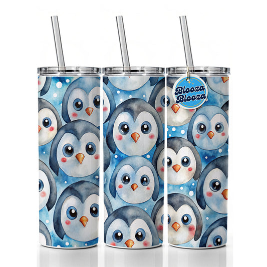 Cute Penguin Faces Watercolor Skinny Tumbler 20oz with Straw Insulated Water Bottle Gift