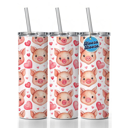 Cute Pig Faces Hearts Watercolor Skinny Tumbler 20oz with Straw Insulated Water Bottle Gift