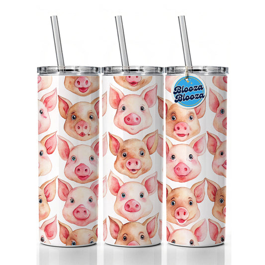 Cute Pig Faces Watercolor Skinny Tumbler 20oz with Straw Insulated Water Bottle Gift