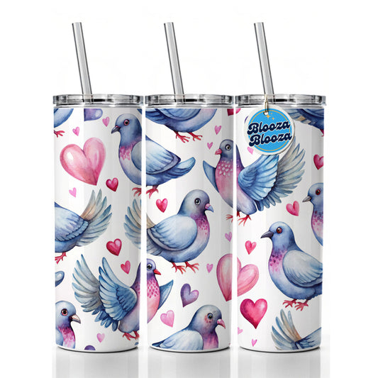 Cute Pigeons Hearts Watercolor Skinny Tumbler 20oz with Straw Insulated Water Bottle Gift