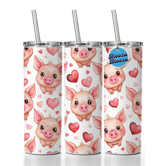Cute Pigs Hearts Watercolor Skinny Tumbler 20oz with Straw Insulated Water Bottle Gift
