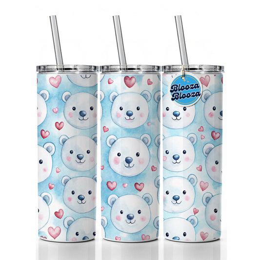 Cute Polar Bear Faces Hearts Skinny Tumbler 20oz with Straw Insulated Water Bottle Gift