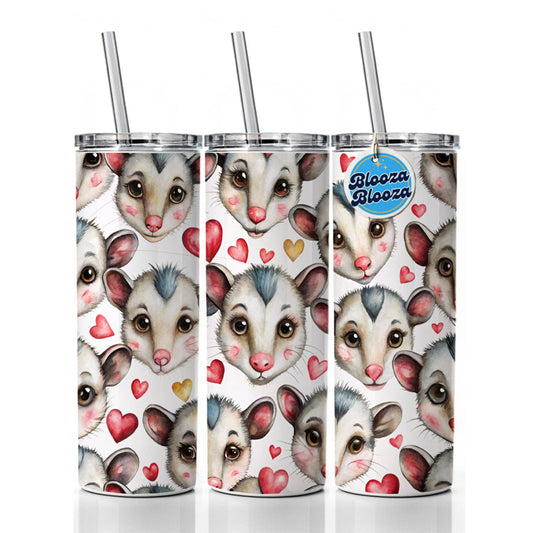Cute Possum Faces Hearts Watercolor Skinny Tumbler 20oz with Straw Insulated Water Bottle Gift