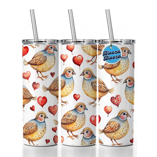 Cute Quails Hearts Watercolor Skinny Tumbler 20oz with Straw Insulated Water Bottle Gift