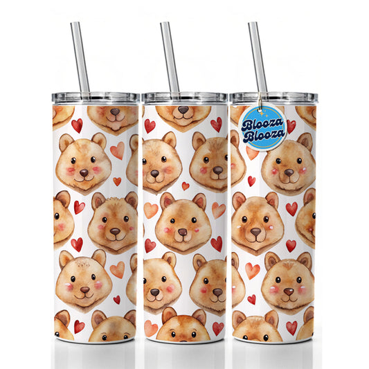 Cute Quokka Faces Hearts Watercolor Skinny Tumbler 20oz with Straw Insulated Water Bottle Gift