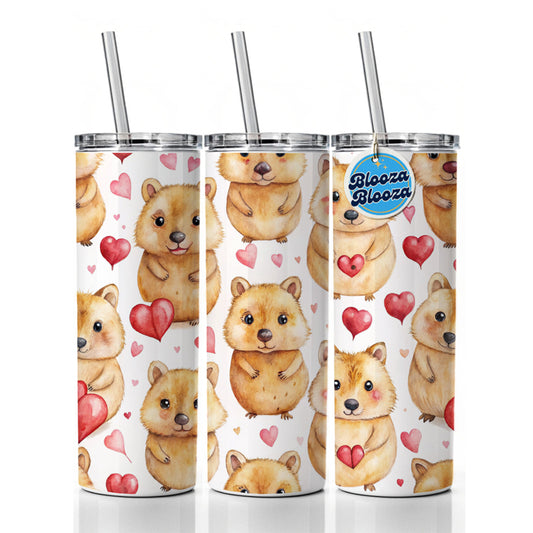 Cute Quokkas Hearts Watercolor Skinny Tumbler 20oz with Straw Insulated Water Bottle Gift