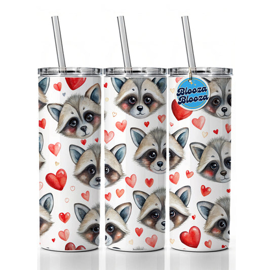 Cute Raccoon Faces Hearts Skinny Tumbler 20oz with Straw Insulated Water Bottle Gift