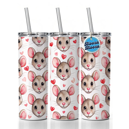 Cute Rat Faces Hearts Watercolor Skinny Tumbler 20oz with Straw Insulated Water Bottle Gift