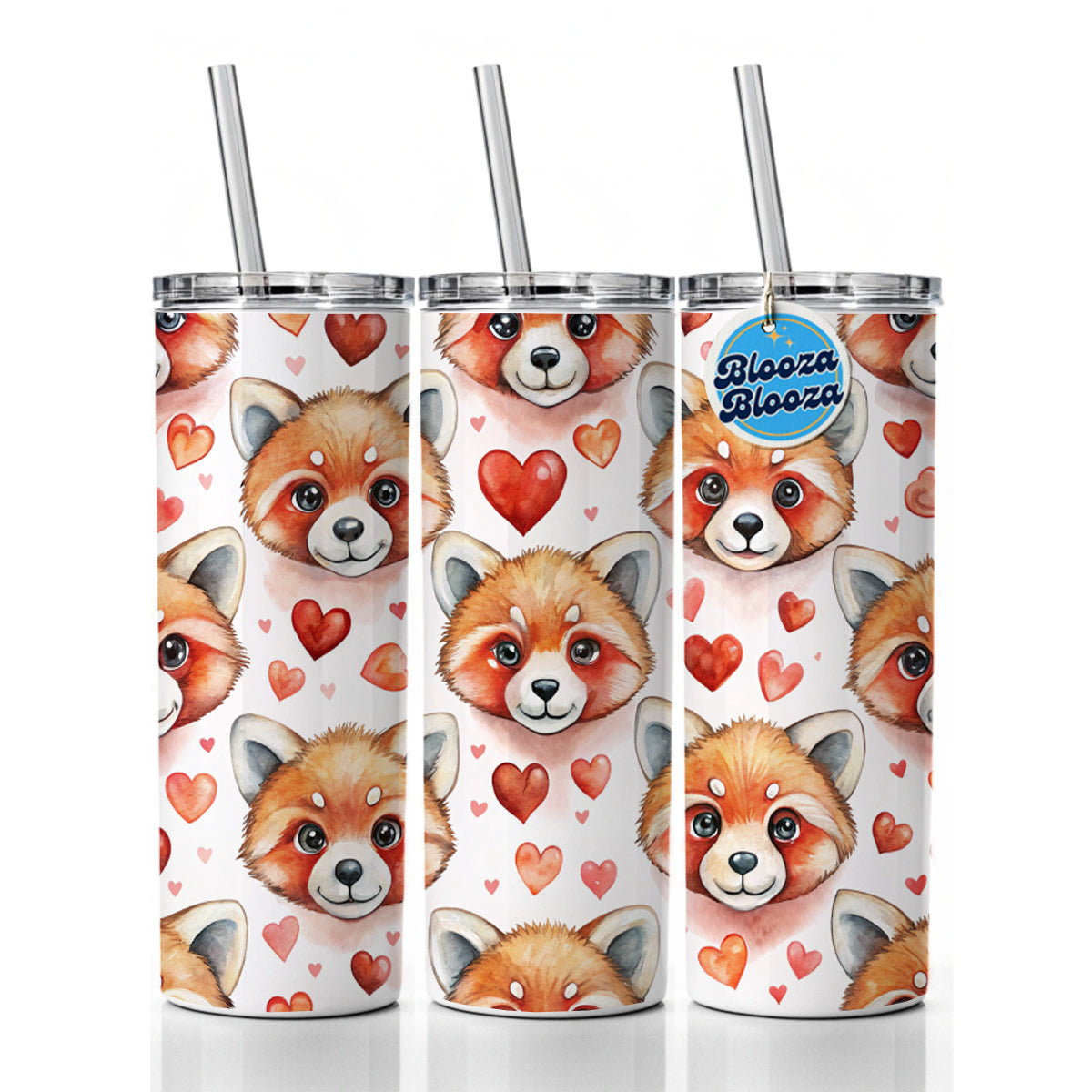 Cute Red Panda Faces Hearts Skinny Tumbler 20oz with Straw Insulated Water Bottle Gift