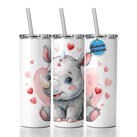 Cute Rhinoceros Hearts Watercolor Skinny Tumbler 20oz with Straw Insulated Water Bottle Gift