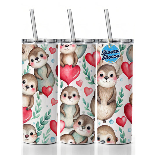 Cute River Otter Hearts Watercolor Skinny Tumbler 20oz with Straw Insulated Water Bottle Gift