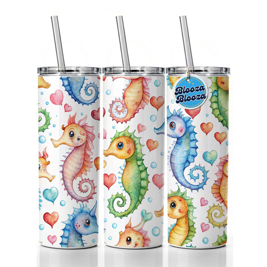 Cute Seahorses Hearts Watercolor Skinny Tumbler 20oz with Straw Insulated Water Bottle Gift