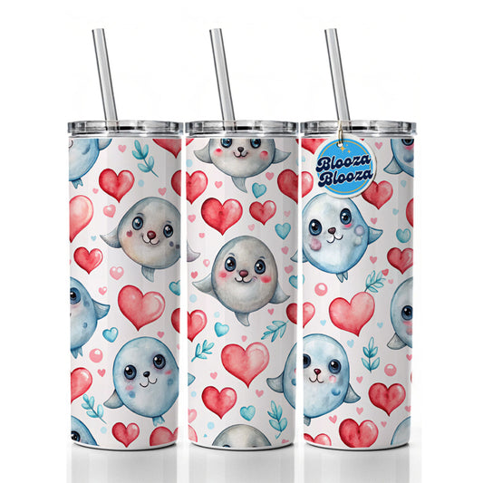 Cute Seals Hearts Watercolor Skinny Tumbler 20oz with Straw Insulated Water Bottle Gift