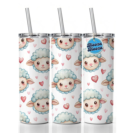 Cute Sheep Faces Hearts Watercolor Skinny Tumbler 20oz with Straw Insulated Water Bottle Gift
