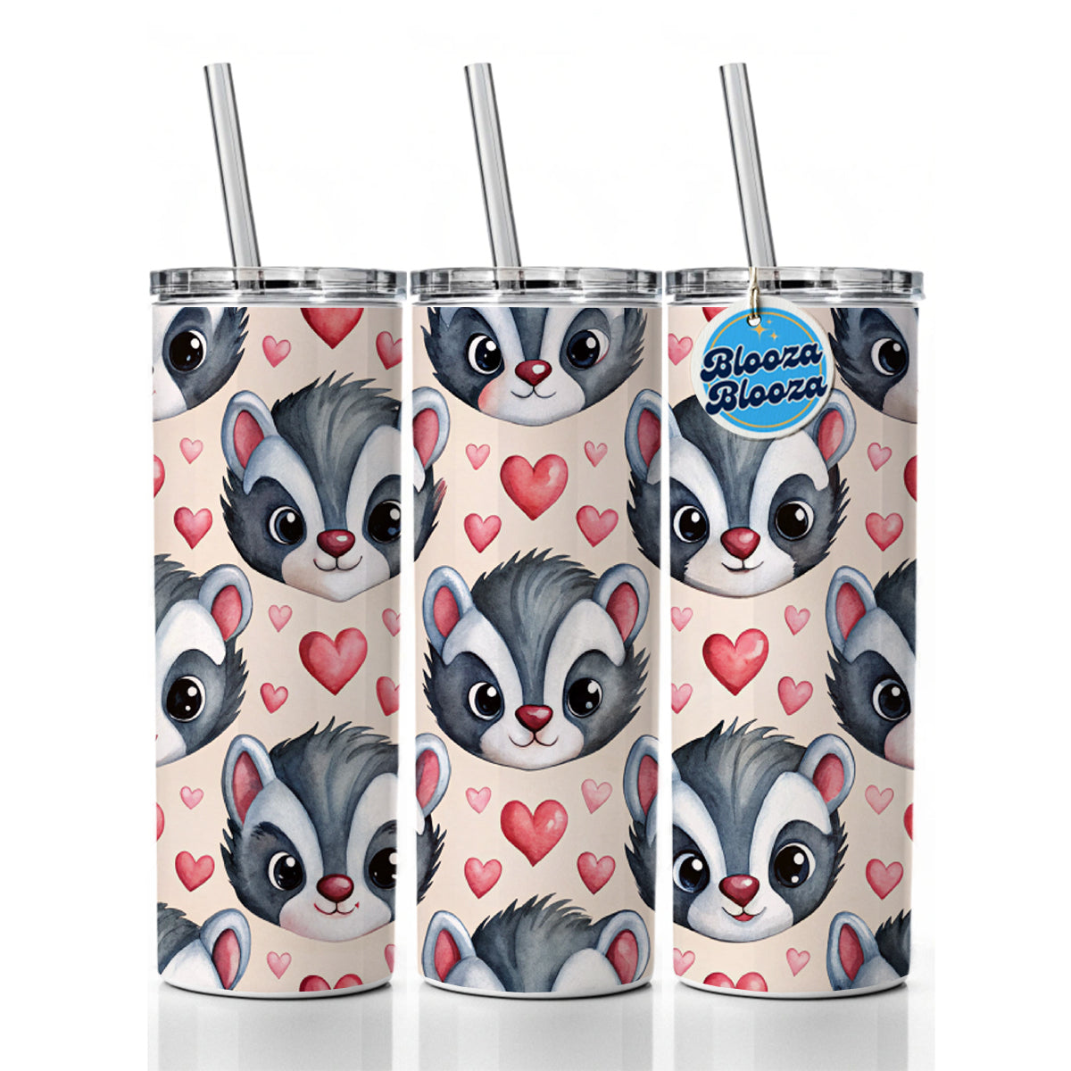 Cute Skunk Faces Hearts Watercolor Skinny Tumbler 20oz with Straw Insulated Water Bottle Gift