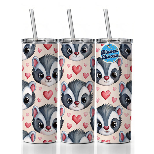 Cute Skunk Faces Hearts Watercolor Skinny Tumbler 20oz with Straw Insulated Water Bottle Gift