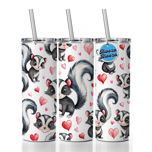 Cute Skunks Hearts Watercolor Skinny Tumbler 20oz with Straw Insulated Water Bottle Gift