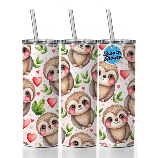 Cute Sloths Hearts Watercolor Skinny Tumbler 20oz with Straw Insulated Water Bottle Gift