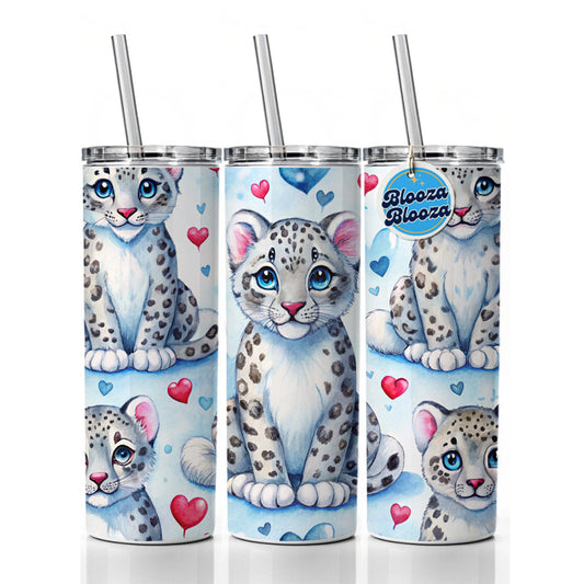Cute Snow Leopard Hearts Watercolor Skinny Tumbler 20oz with Straw Insulated Water Bottle Gift