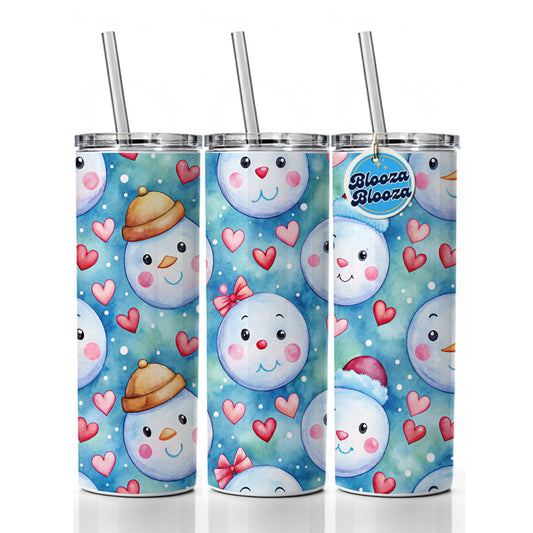 Cute Snowman Faces Hearts Winter Skinny Tumbler 20oz with Straw Insulated Water Bottle Gift