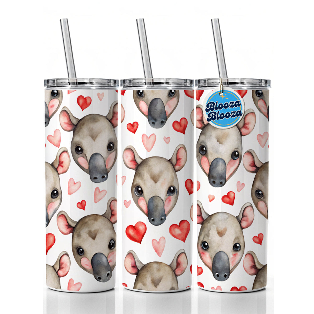 Cute Tapir Faces Hearts Watercolor Skinny Tumbler 20oz with Straw Insulated Water Bottle Gift