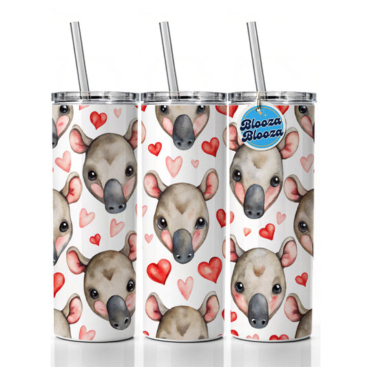 Cute Tapir Faces Hearts Watercolor Skinny Tumbler 20oz with Straw Insulated Water Bottle Gift