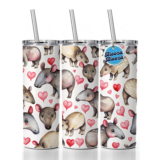Cute Tapirs Hearts Watercolor Skinny Tumbler 20oz with Straw Insulated Water Bottle Gift