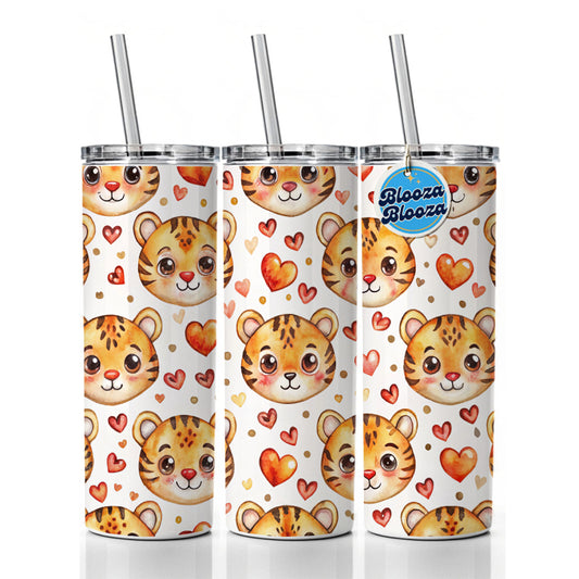 Cute Tiger Faces Hearts Watercolor Skinny Tumbler 20oz with Straw Insulated Water Bottle Gift