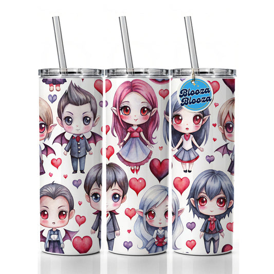 Cute Vampires Hearts Watercolor Skinny Tumbler 20oz with Straw Insulated Water Bottle Gift
