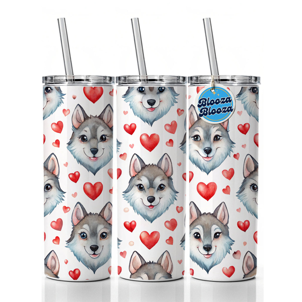 Cute Wolf Faces Hearts Watercolor Skinny Tumbler 20oz with Straw Insulated Water Bottle Gift