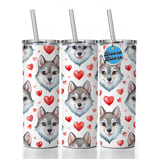Cute Wolf Faces Hearts Watercolor Skinny Tumbler 20oz with Straw Insulated Water Bottle Gift
