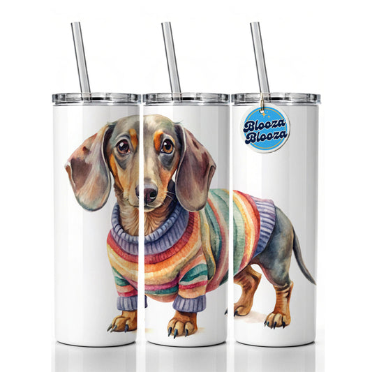 Dachshund Dog Wearing A Sweater Watercolor Skinny Tumbler 20oz with Straw Insulated Water Bottle Gift