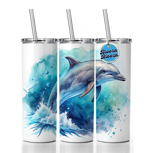 Dolphin In Ocean Watercolor Skinny Tumbler 20oz with Straw Insulated Water Bottle Gift