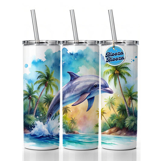 Dolphin Tropical Watercolor Design Skinny Tumbler 20oz with Straw Insulated Water Bottle Gift