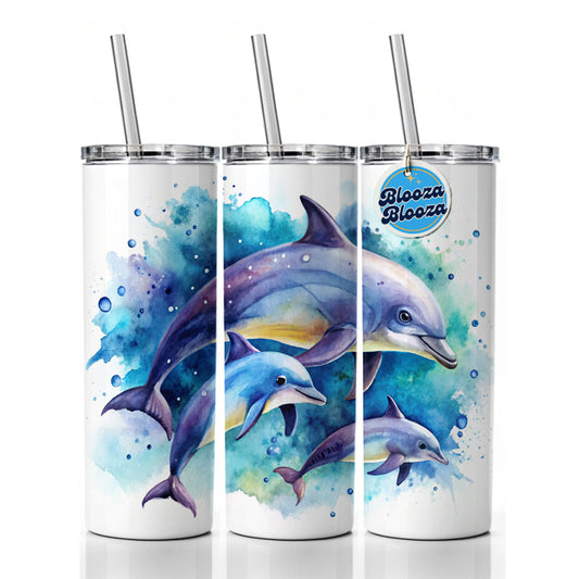 Dolphins Family Watercolor Design Skinny Tumbler 20oz with Straw Insulated Water Bottle Gift